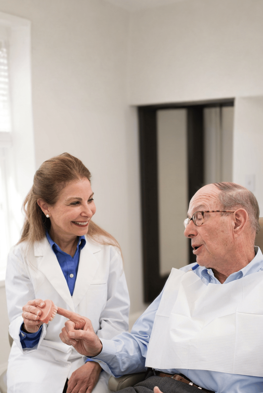 A Hingham Dentistry dentist discussing a dental model with a patient